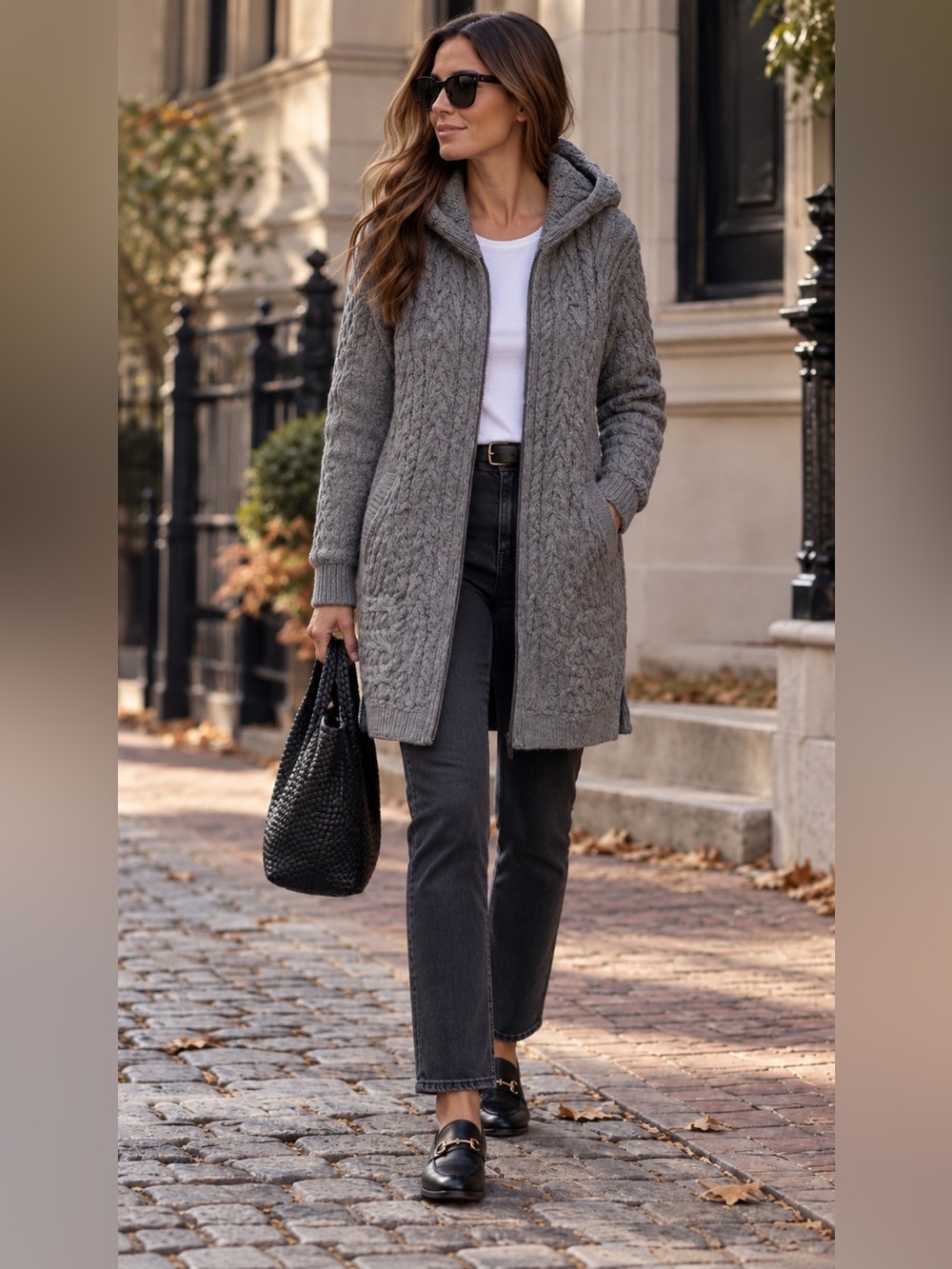 Aran Crafts Hooded Cable Zip Sweater Coat - Gray